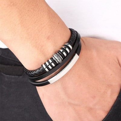 XQNI Geometrically Irregular Graphics Stainless Steel Genuine Leather Bracelet Black/Brown Color Accessories Jewelry For Men - goldylify.com