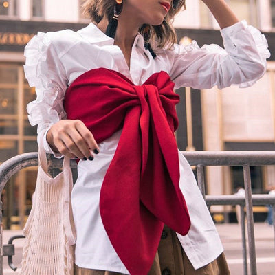 TWOTWINSTYLE Ruffles Blouse Female Lapel Collar Patchwork Long Sleeve White Shirt Tops For Ladies 2019 Spring OL Vintage Clothes - goldylify.com