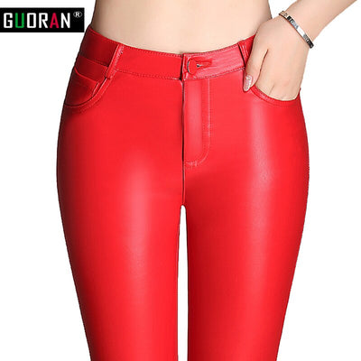 HIGH WAIST LEATHER PANTS WOMEN PU LEGGINGS RED PLUS SIZE 2016 WINTER WARM SLIM SKINNY CASUAL PENC