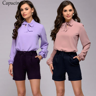 Capucines Elegant Bow Tie Women Shirt Spring Autumn Ladies Solid Long Sleeve Chiffon Shirts Casual Blouses Vintage Tops Blusas - goldylify.com