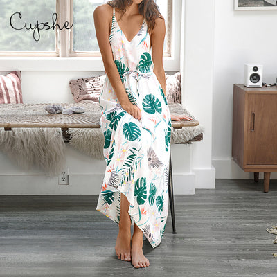 CUPSHE Women's Leafy Print V neck Long Maxi Dress 2019 New Summer Beach Slim Sleeveless Casual Sundress Spaghetti Vestido - goldylify.com