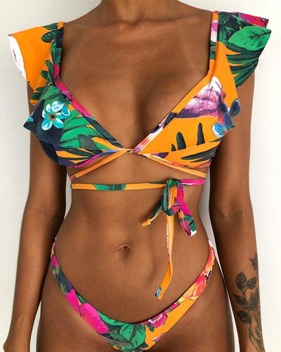 Feelingirl Flower Print Bikini Set Ruffle Swimwear For Women