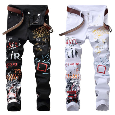 High Street Fashion Mens Jeans Night Club Black White Color Personal Designer Printed Jeans Men Punk Pants Skinny Hip Hop Jeans - goldylify.com