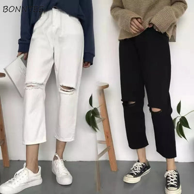 Jeans Women Spring Summer Trendy Simple Korean Style All-match Solid Hole Soft High Waist Streetwear Womens Trousers Chic Casual - goldylify.com