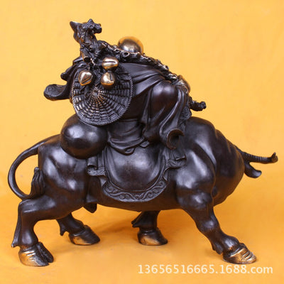 Chinese Religious Exquisite Buddhism Handwork Copper Wealth Lucky Maitreya Buddha Riding Cattle Statue - goldylify.com