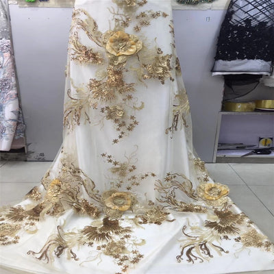 Elegant handwork floral embroidery sequins 3D lace fabric with Beaded for wedding dress New arrival F118-1 - goldylify.com