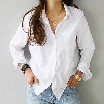 2019 Spring One Pocket Women White Shirt Female Blouse Tops Long Sleeve Casual Turn-down Collar OL Style Women Loose Blouses - goldylify.com