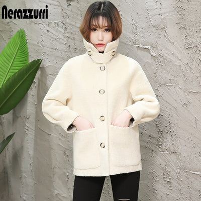 Nerazzurri womens sheepskin coats winter warm plus size plush faux fur coat regular beige lamb wool teddy bear jacket woman 5xl - goldylify.com