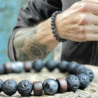 YIZIZAI Natural Lava Rock Stone Beads Strand Bracelet Wooden bead Accessories Black Charm Stone Men Women Jewelry Gift - goldylify.com