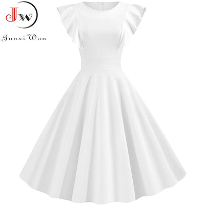 2019 Summer White Petal Sleeves Cocktail Party Vintage Dress 50s 60s Elegant Robe Femme Casual Solid Slim Office Dress Vestidos - goldylify.com