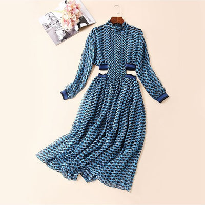TWOTWINSTYLE Summer Print Dress For Women Stand Collar Long Sleeve High Waist Hollow Out Midi Dresses Female Fashion 2019 New - goldylify.com