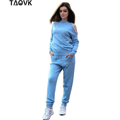 TAOVK sparkle diamonds open shoulder sweater Suits Top+Knitted pants two piece set female winter Costumes track suit for women - goldylify.com
