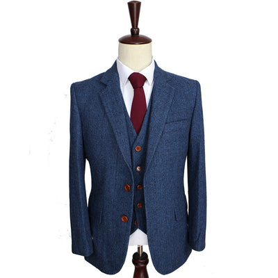 Wool Blue Herringbone Retro gentleman style custom made Men's suits tailor suit Blazer suits for men 3 piece (Jacket+Pants+Vest) - goldylify.com