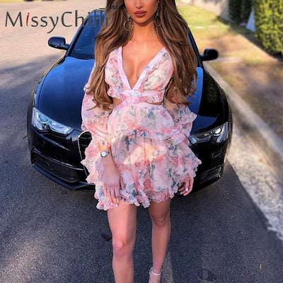 MissyChilli Sexy v neck backless summer playsuit Women chiffion beach short jumpsuit Elegant pink ruffle party romper overalls - goldylify.com