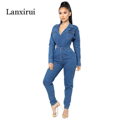 Women Denim Jumpsuit Ladies Long Sleeve Jeans Rompers Female Casual Plus Size Denim Overall Playsuit With Pocket