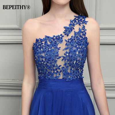 Royal Blue Chiffon Long Prom Dresses 2021 One Shoulder Lace Vintage Evening Dress Vestidos De Festa