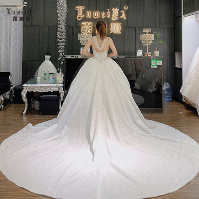 Luweiya plus size long tail saxy wedding dress 2020 luxury long sleeve beaded wedding dress bridal gown  women maternity dresses