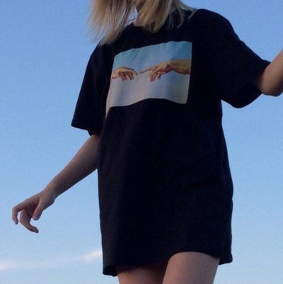 HAHAYULE Summer Fashion Michelangelo Hands Printed T-Shirt Women Tumblr Grunge Graphic Tee Casual Oversize Black Tops - goldylify.com