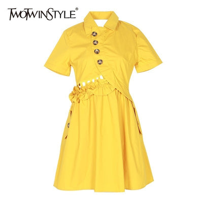 TWOTWINSTYLE Elegant Solid Women Dress Lapel Short Sleeve High Waist Button Ruffles Slim Mini Dresses Female Fashion Summer 2019 - goldylify.com