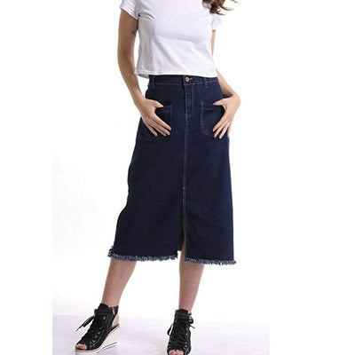 Cheap price midi women jeans skirts slim fit with frayed hem