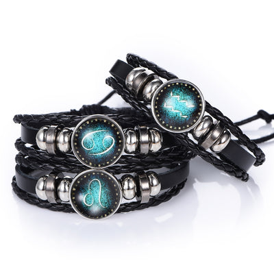 NEW Fashion 12 Constellations Leather Zodiac Sign with beads punk Bangle Bracelets For Men Boys Jewelry Travel Accessories Gifts - goldylify.com