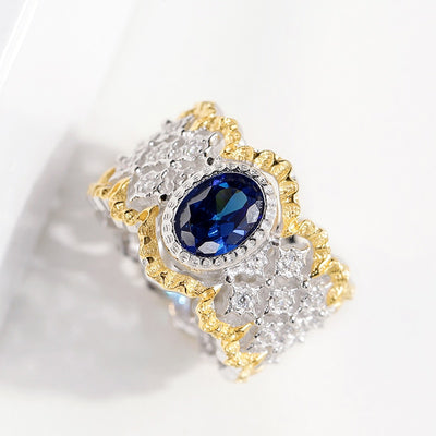 CMajor S925 Silver Jewelry Vintage Palace Hollow Flower Gold Color Fence Sides Blue Oval Stone All-match Rings For Women - goldylify.com