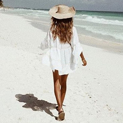 TWOTWINSTYLE Summer Dresses Female Hollow out Sexy Beach Dress Shirt White Flared Sleeves Casual Blouse Korean Clothes 2019 New - goldylify.com