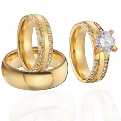Women's Ring Alliance 3 pieces couple wedding rings set for men and women Gold color Cubic Zirconia female engagement Ring pair - goldylify.com