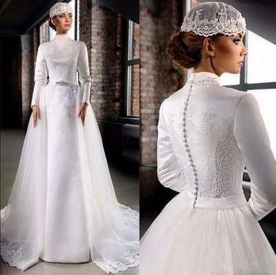 Elegant Long Sleeves High Collar Marriage Wedding Dress With Detachable Tail