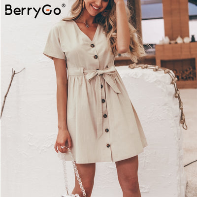 BerryGo Sexy v-neck women dresses linen dress Vintage short sleeve button sash mini dress Casual streetwear summer dress vestido - goldylify.com