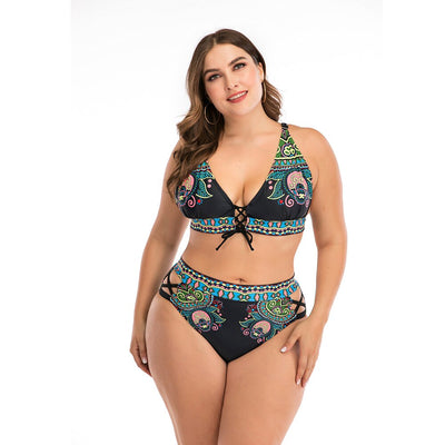 2020 Print Plus Size Bikini Set Women High Waist Swimsuit 4XL Fat Feminine Big Bra Two Piece Bikini Push Up Beach wear For 100kg - goldylify.com