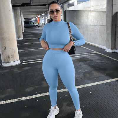 Two Piece Sets Women Solid Autumn Tracksuits High Waist Stretchy Sportswear Hot Crop Tops And