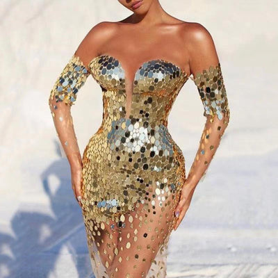 Women Gold Sequins Long Tail Evening Dress Fashion Casual Elegant Slim Banquet Temperament Dress