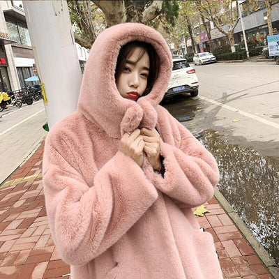 Winter Women High Quality Faux Rabbit Fur Coat Luxury Long Fur Coat Loose Hooded OverCoat Thick Warm Female Plush Coats