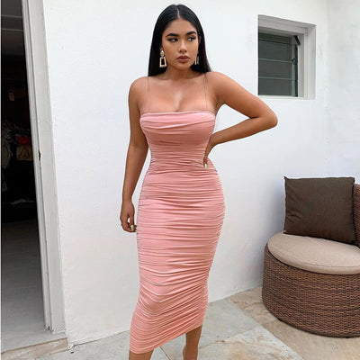 NewAsia Double Layers Sexy Summer Dress 2019 Pink Women Night Dresses Tight Long Party Bodycon Dress Vintage Ruched Midi Dress - goldylify.com