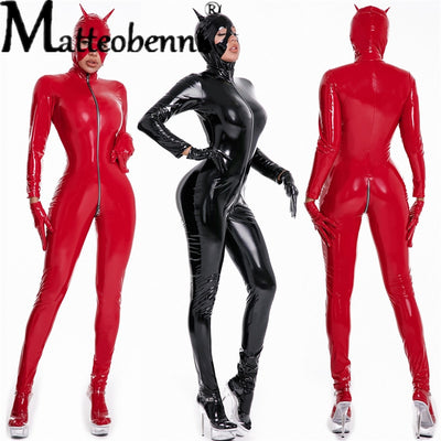 Women Sexy Wetlook Latex Catsuit with Mask PVC Faux Leather Jumpsuit Lady Erotic Costume PU Lingerie