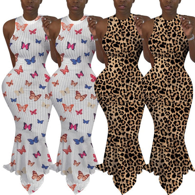 Sexy Party Fischschwanz Kleid Frauen Lange Casual Sommerkleid Gedruckt Schmetterling Leopard Overalls Rollkragen Sleevess Rippen Steetwear