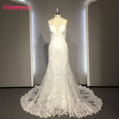 White Marriage Lace Fabric Bride Gown Spaghetti Straps Tulle Mermaid Wedding Dress Made In Chaozhou