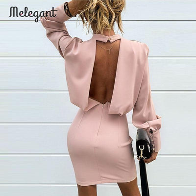 Melegant pink sexy backless club dress women 2019 winter high fashion solid bodycon long sleeve party dresses ladies vestidos - goldylify.com
