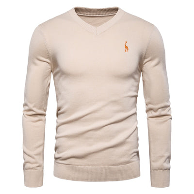2019 Autumn Winter Brand Quality 100% Cotton Mens Sweaters V Neck Pullovers Men Solid Embroidery Sweater Men - goldylify.com
