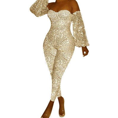 Adogirl Sexy Sequin Off Shoulder Deep V-Neck Night Party Club Jumpsuit Women Casual Lanter Long Sleeve Rompers Overalls Outfits - goldylify.com