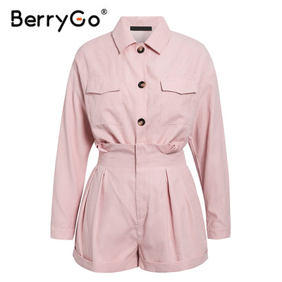 BerryGo Casual buttons two piece suits women set High waist pockets female short jumpsuit 2020 Summer style ladies sets outfit - goldylify.com