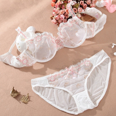 Exquisite embroidery lotus pink ultra-thin women's sexy transparent lace underwear bra set