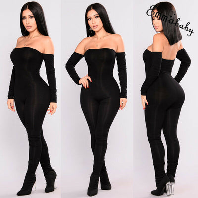 Women Off Shoulder Bodycon Jumpsuit Long Sleeve Club wear Playsuit Jumpsuits Rompers Skinny Sexy Jumpsuits Female Black Trousers