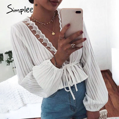 Simplee Sexy deep v neck white women blouse shirts Vintage holiday spring summer chic tops Casual lace long sleeve short tops - goldylify.com