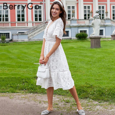 BerryGo White pearls sexy women summer dress 2019 Hollow out embroidery maxi cotton dresses Evening party long ladies vestidos - goldylify.com