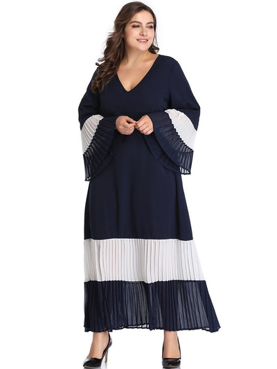 Maxi Dress Plus Size 4xl Long Sleeve Flared Pleated Evening Dresses Casual Elegant Large A Line V Neck Women Clothing For Party