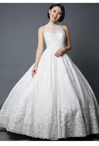2020 Luxury Customized Handmade Appliqued Beading Lace High Neck Sleeveless Bridal Banquet Ball Gown Wedding Dress for Marriage
