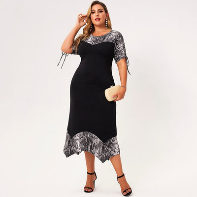 New Summer Dress Women 2022 Plus Size Black O-neck Short Bandage Sleeves Splicing Printing A-line Irregular Loose Casual Dresses