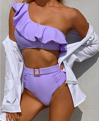2022 Latest Design One Shoulder Two Piece Swimsuit Bikini Nylon High Waist Solid Color Beach Swimwear